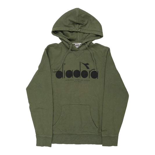 Vintage Diadora Spellout Hoodie - XL Khaki Cotton Blend