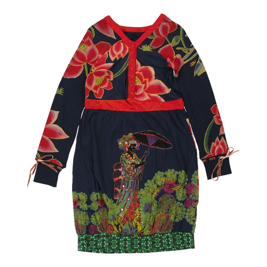 Vintage Desigual Midi Dress - Large Navy Cotton Blend