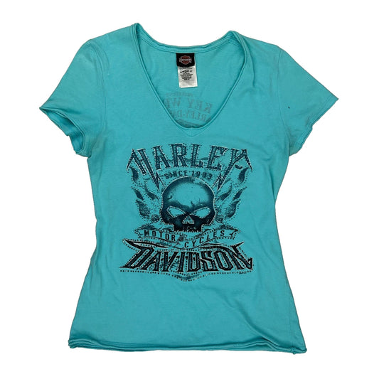 Harley Davidson Graphic T-Shirt - Medium Blue Cotton
