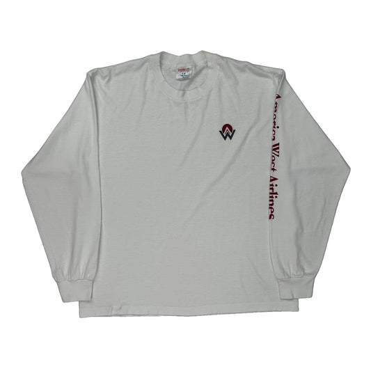 American West Airlines Tee Jays Spellout Long Sleeve T-Shirt - XL White Polyester Blend