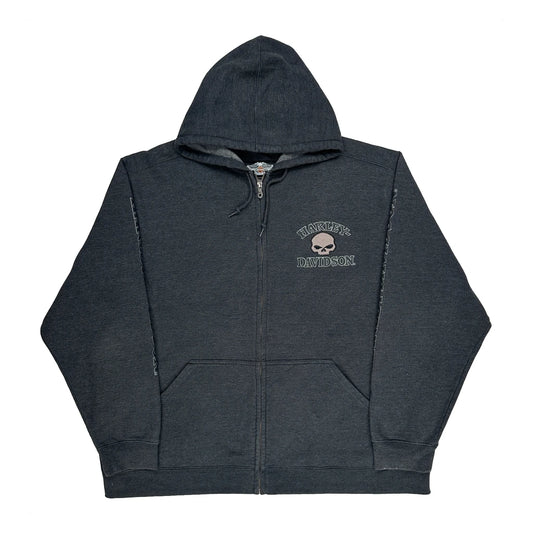 Vintage Skull Logo Harley Davidson Graphic Hoodie - 2XL Grey Cotton Blend