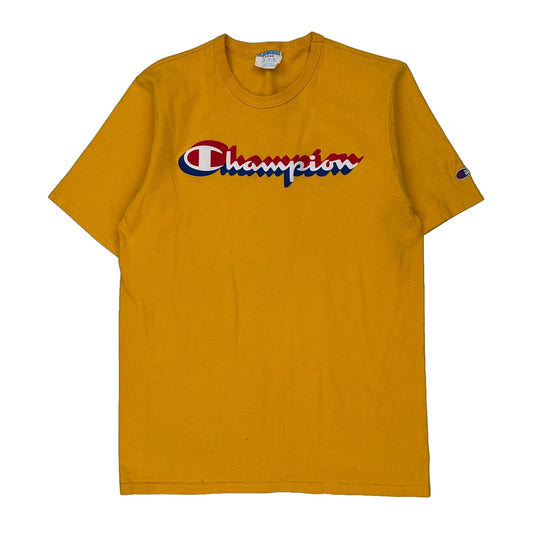 Champion Spellout T-Shirt - Large Yellow Cotton