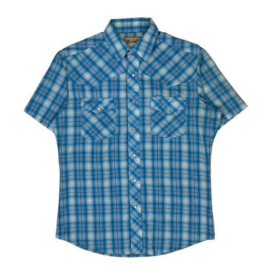 Vintage Wrangler Checked Short Sleeve Shirt - Medium Blue Cotton