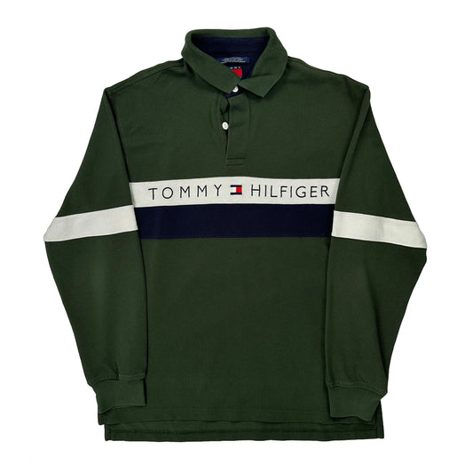Vintage Tommy Hilfiger Spellout Rugby Shirt - Large Green Cotton