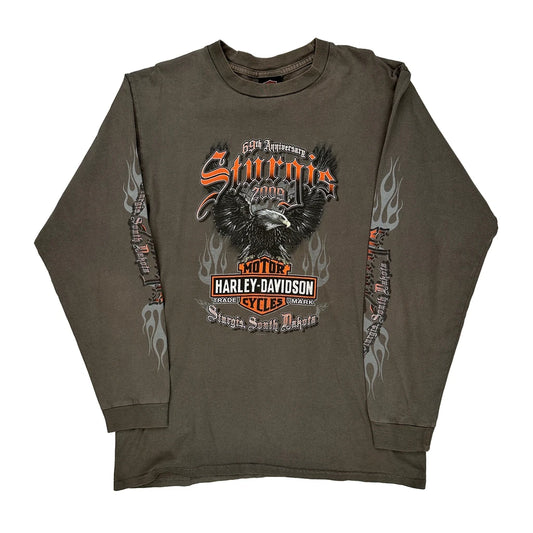 Sturgis 2009 Harley Davidson Graphic Long Sleeve T-Shirt - Large Grey Cotton