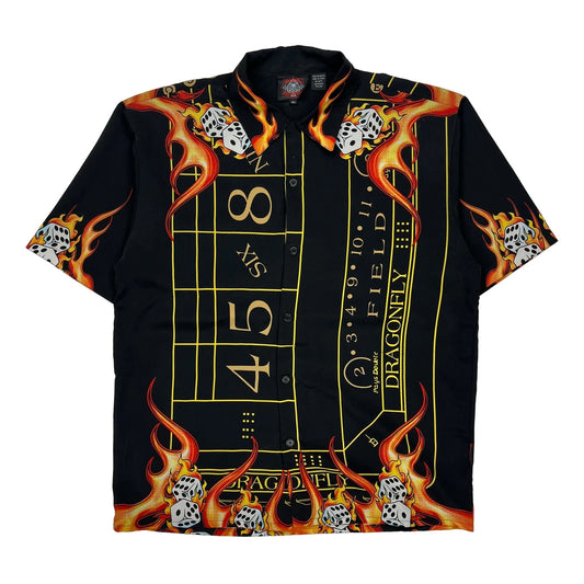Vintage Dice And Flames Design Dragonfly Graphic Hawaiian Shirt - XL Black Polyester