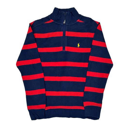 Vintage Age 8-9 Polo By Ralph Lauren Striped 1/4 Zip - Medium Navy Cotton
