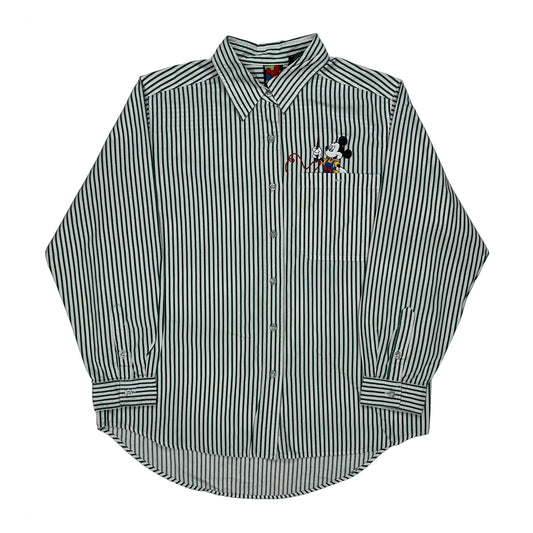 Mickey Mouse Embroidery Mickey Unlimited Striped Shirt - Medium Green Cotton