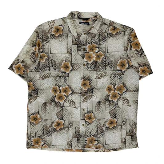 Nautica Floral Hawaiian Shirt - Large Beige Cotton