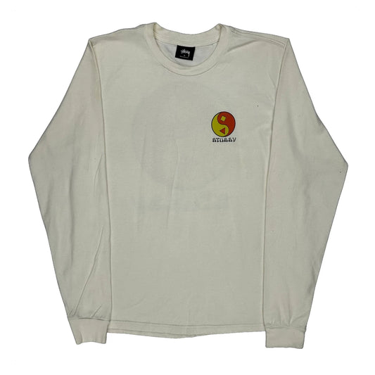 Vintage Yin Yang Logo Stussy Graphic Long Sleeve T-Shirt - Small Cream Cotton