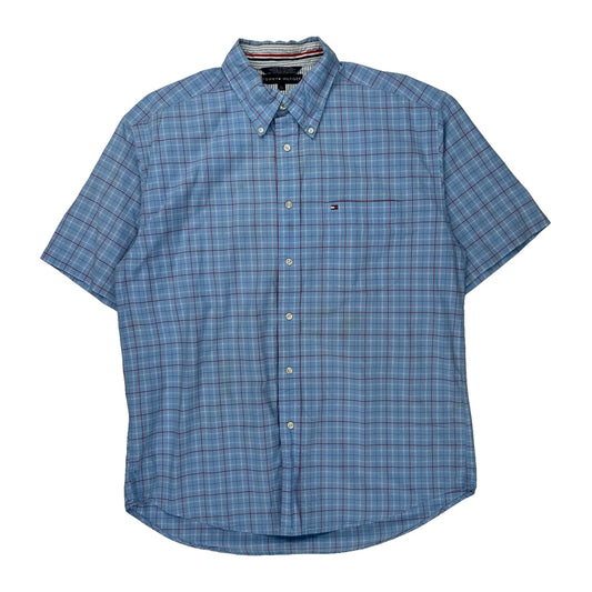 Vintage Tommy Hilfiger Checked Short Sleeve Shirt - Large Blue Cotton