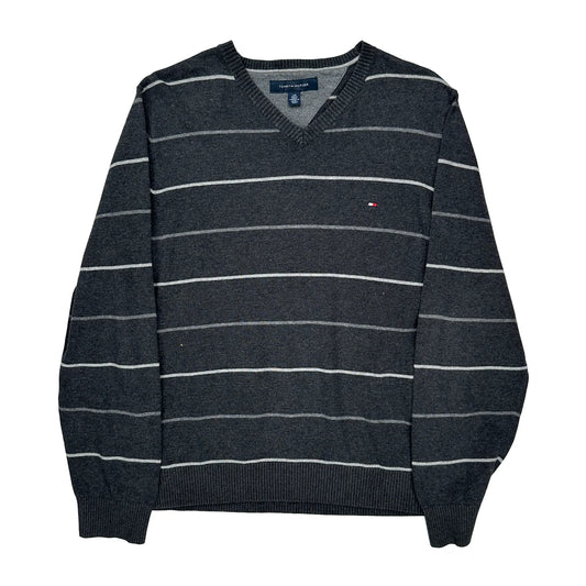 Tommy Hilfiger V-Neck Jumper - Large Grey Cotton Blend