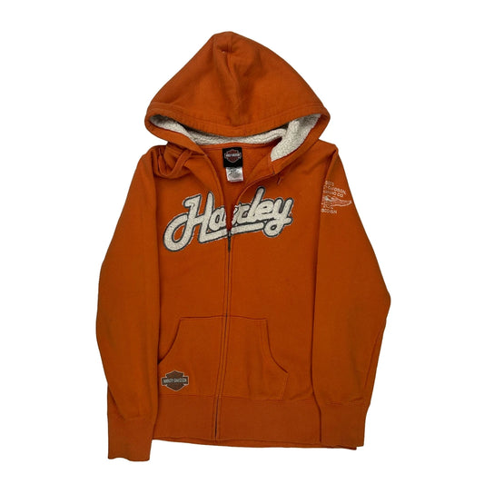 Sherpa Lining Harley Davidson Spellout Hoodie - Large Orange Cotton Blend