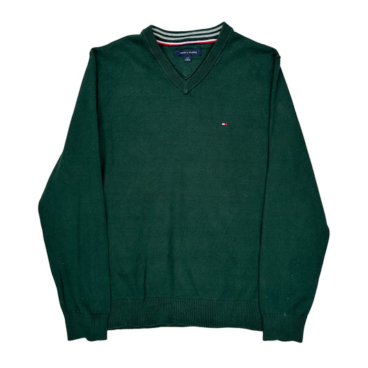 Tommy Hilfiger V-Neck Jumper - Large Green Cotton